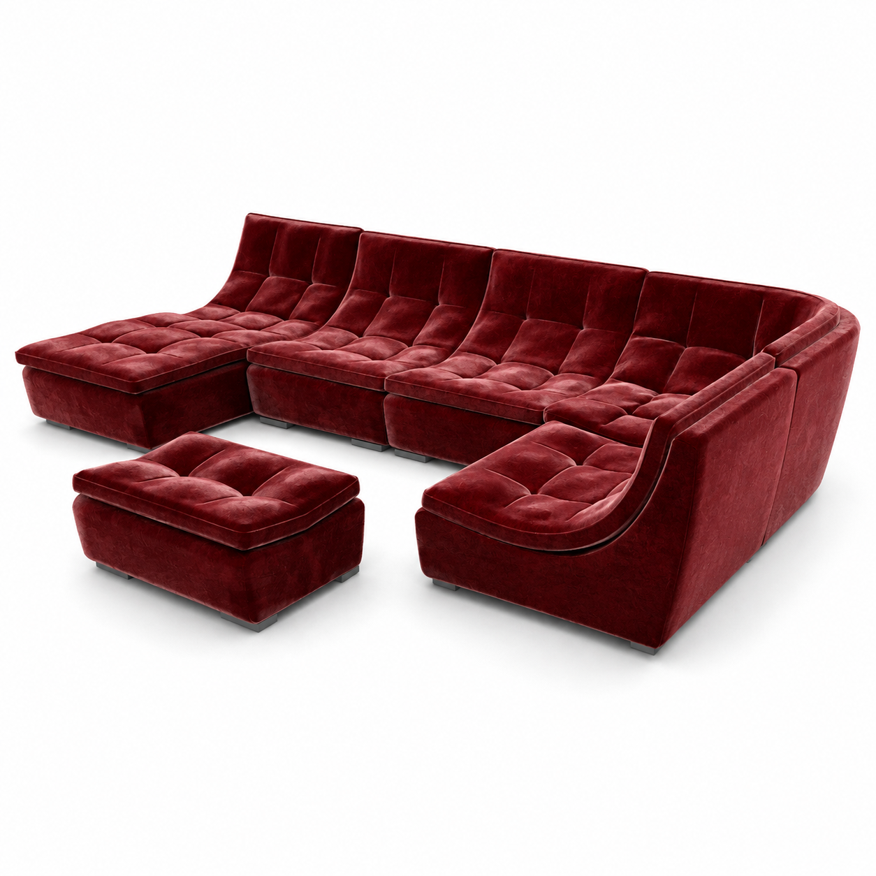 Deep Red Velvet Sectional Sofa – Channel Tufted Lounge Set 3D Model 3