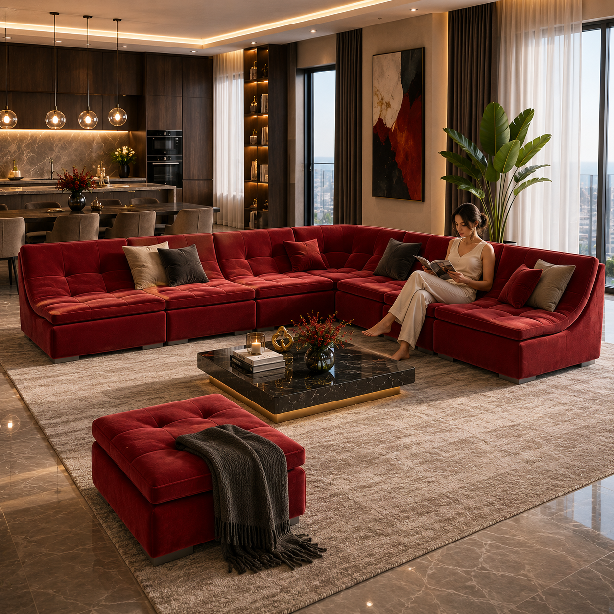 Deep Red Velvet Sectional Sofa – Channel Tufted Lounge Set 3D Model 4