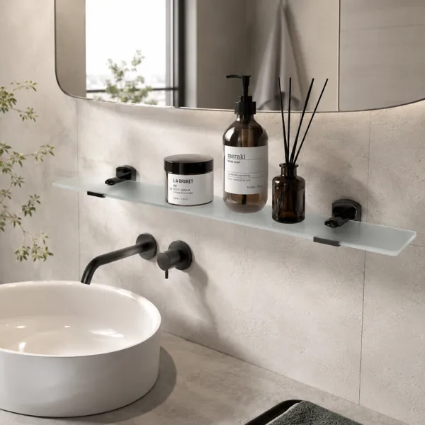 Wall-Mounted Glass Bathroom Shelf – Black Twin Brackets 3D Model back