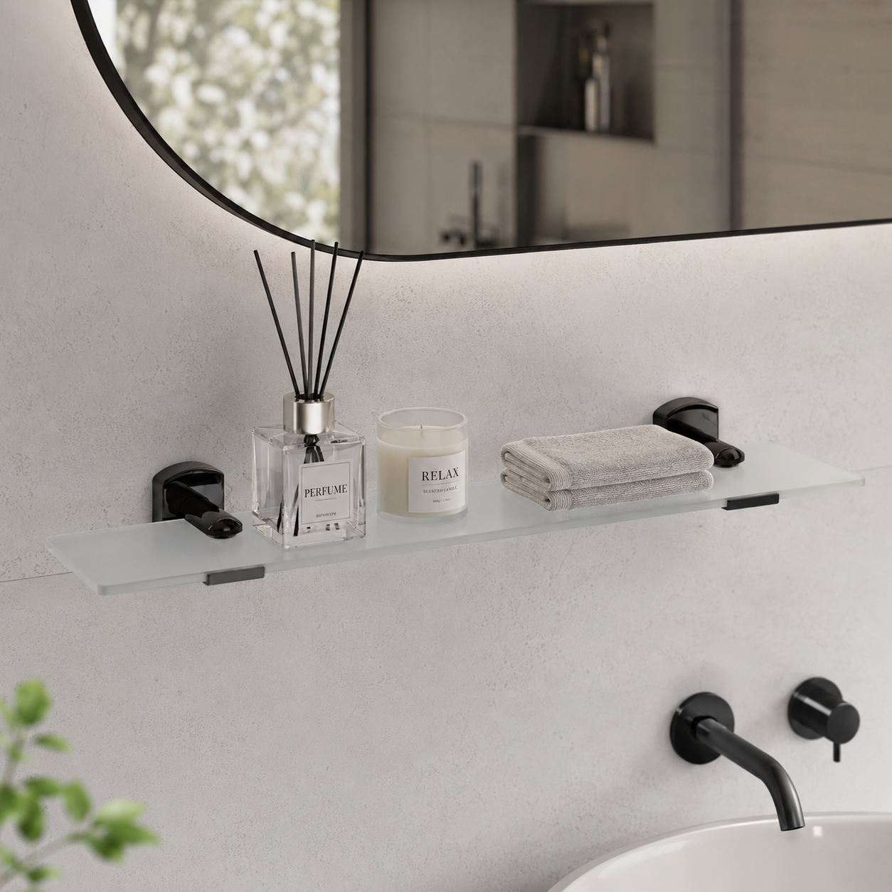 Wall-Mounted Glass Bathroom Shelf – Black Twin Brackets 3D Model 3