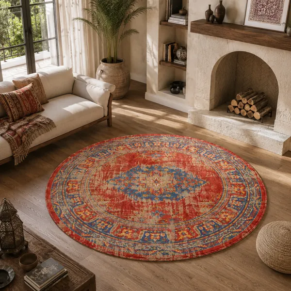 Vintage Round Red Carpet – Blue Medallion Pattern back