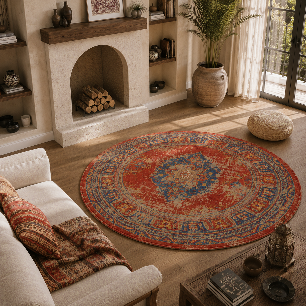 Vintage Round Red Carpet – Blue Medallion Pattern 3