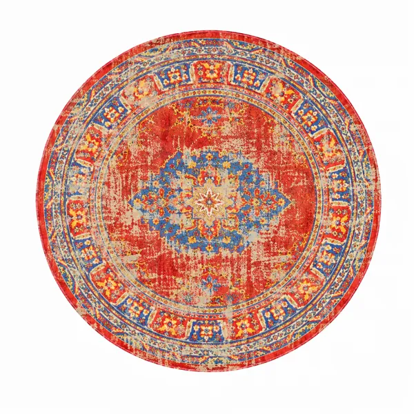Vintage Round Red Carpet – Blue Medallion Pattern