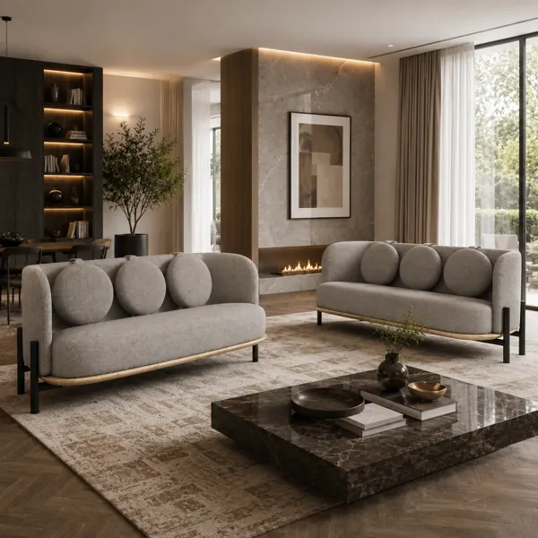 Grey Sofa with Round Back Cushions 3D Model back