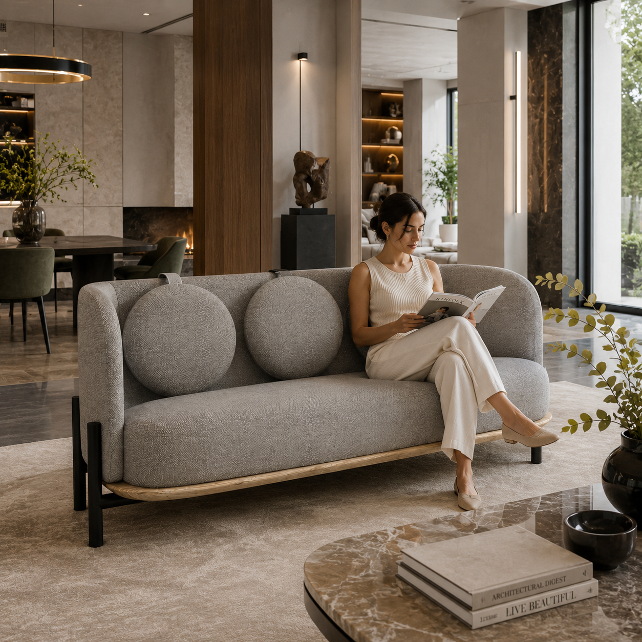 Grey Sofa with Round Back Cushions 3D Model 4