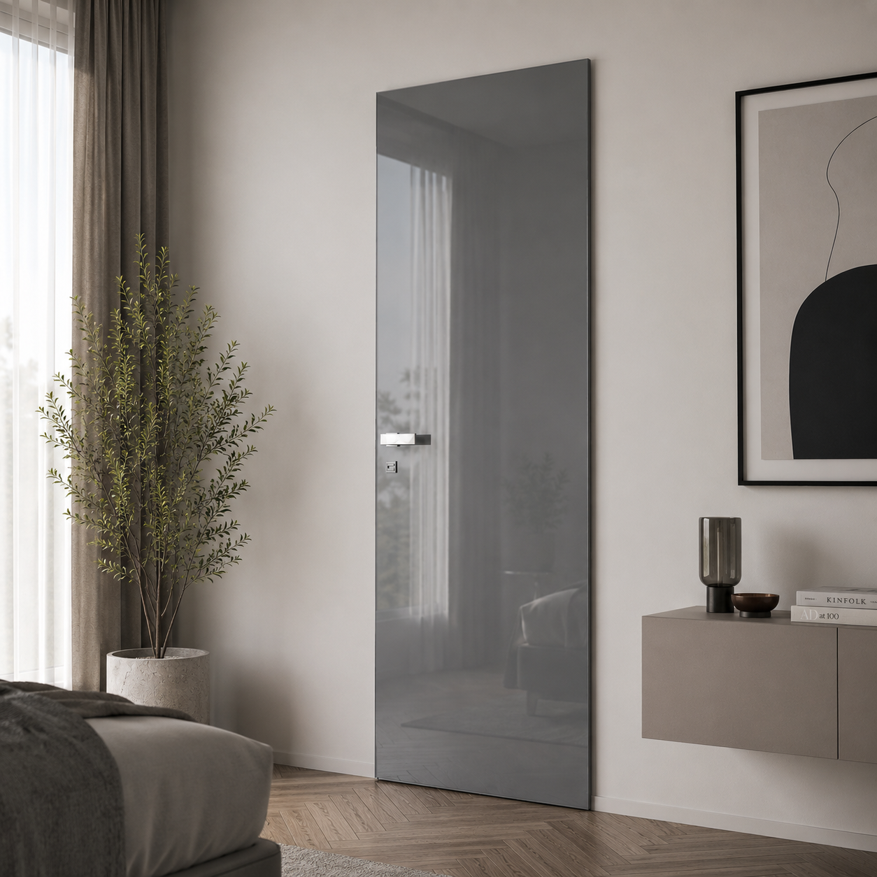 Modern Flush Door – Glossy Gray & Blue Panels 3D Model 3