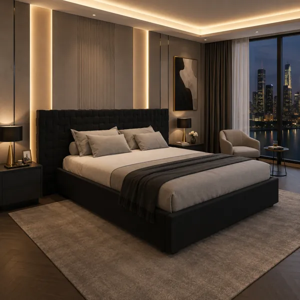 Black Upholstered Bed with Oversized Woven-Grid Headboard 3D Model back