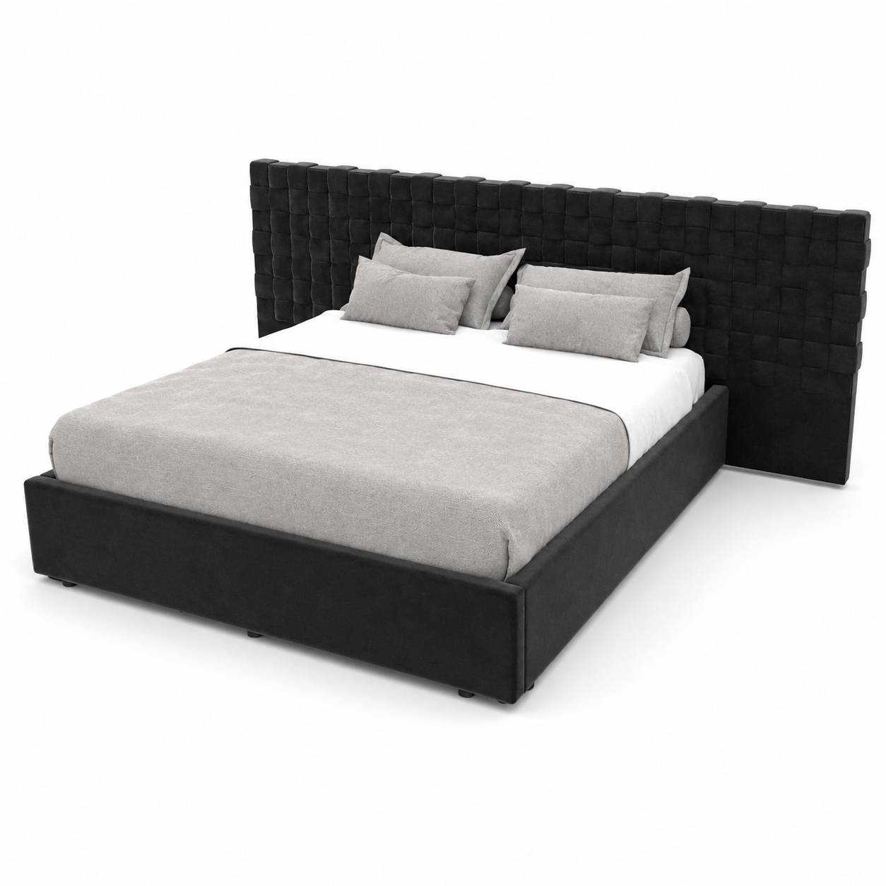 Black Upholstered Bed with Oversized Woven-Grid Headboard 3D Model 3