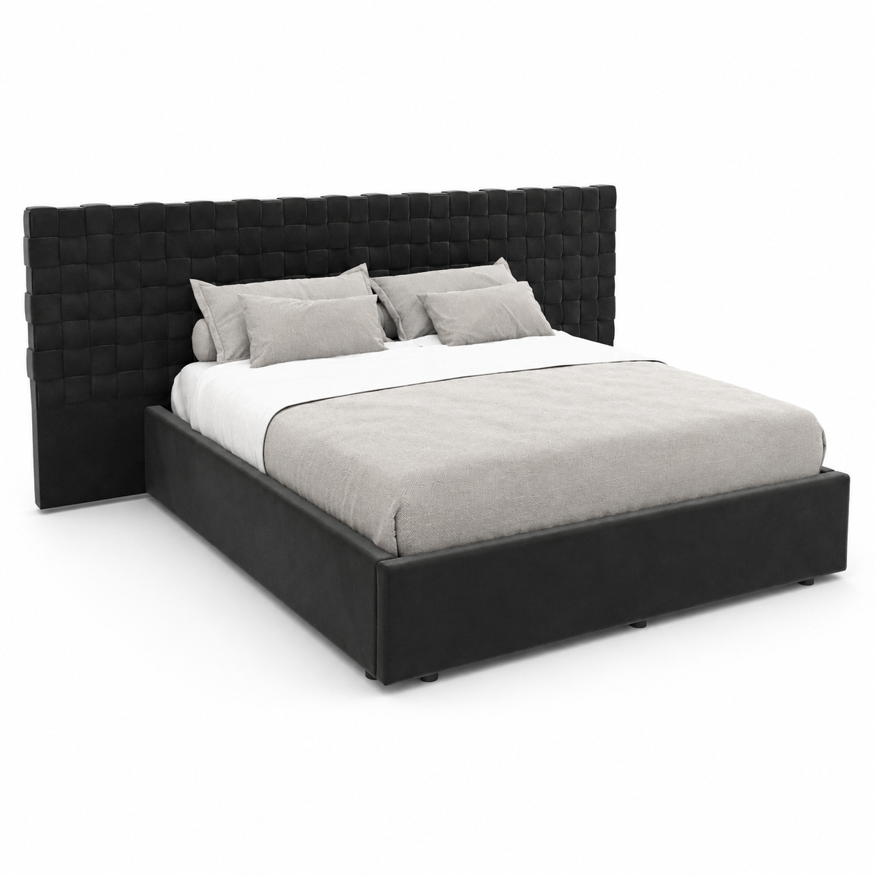 Black Upholstered Bed with Oversized Woven-Grid Headboard 3D Model 1