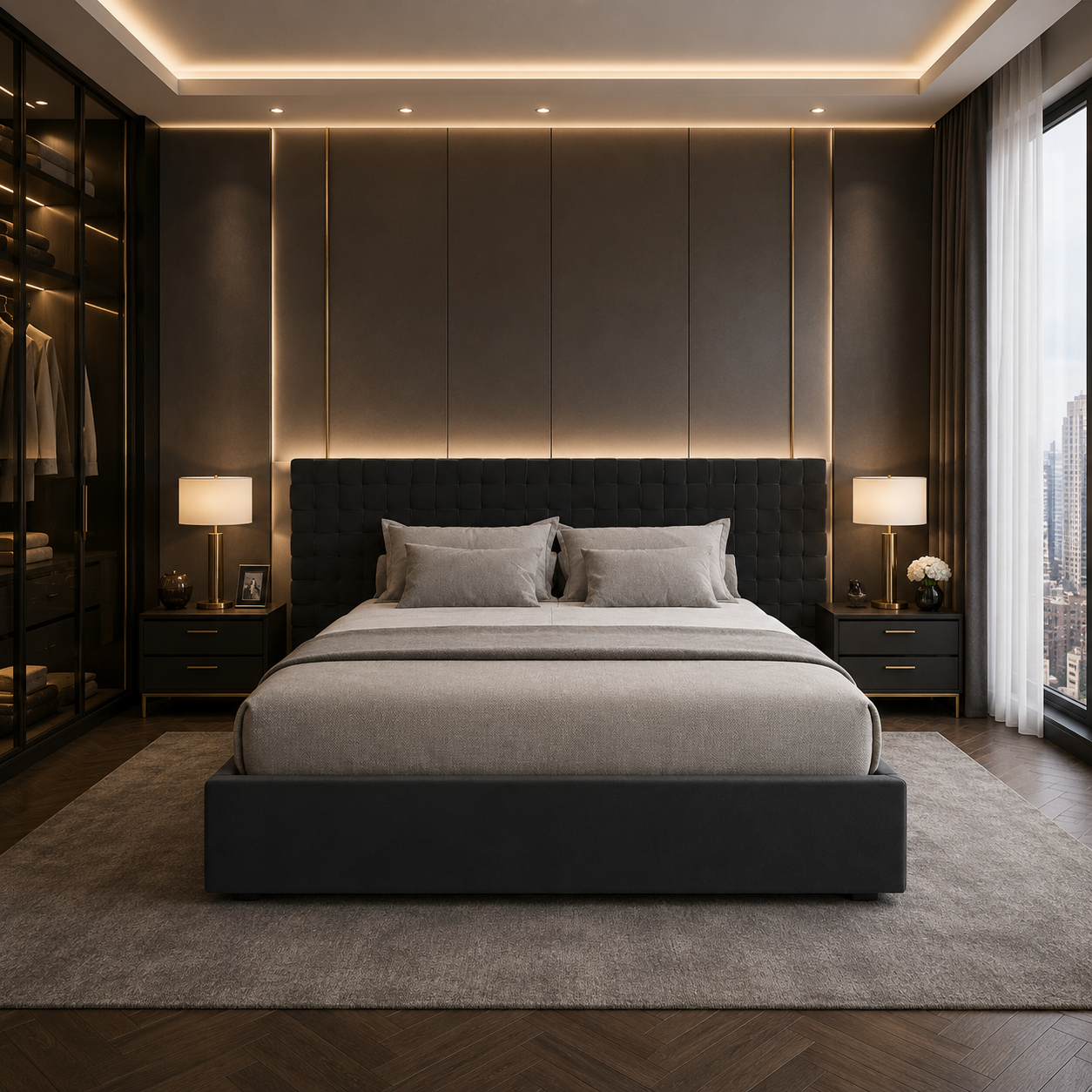 Black Upholstered Bed with Oversized Woven-Grid Headboard 3D Model 4