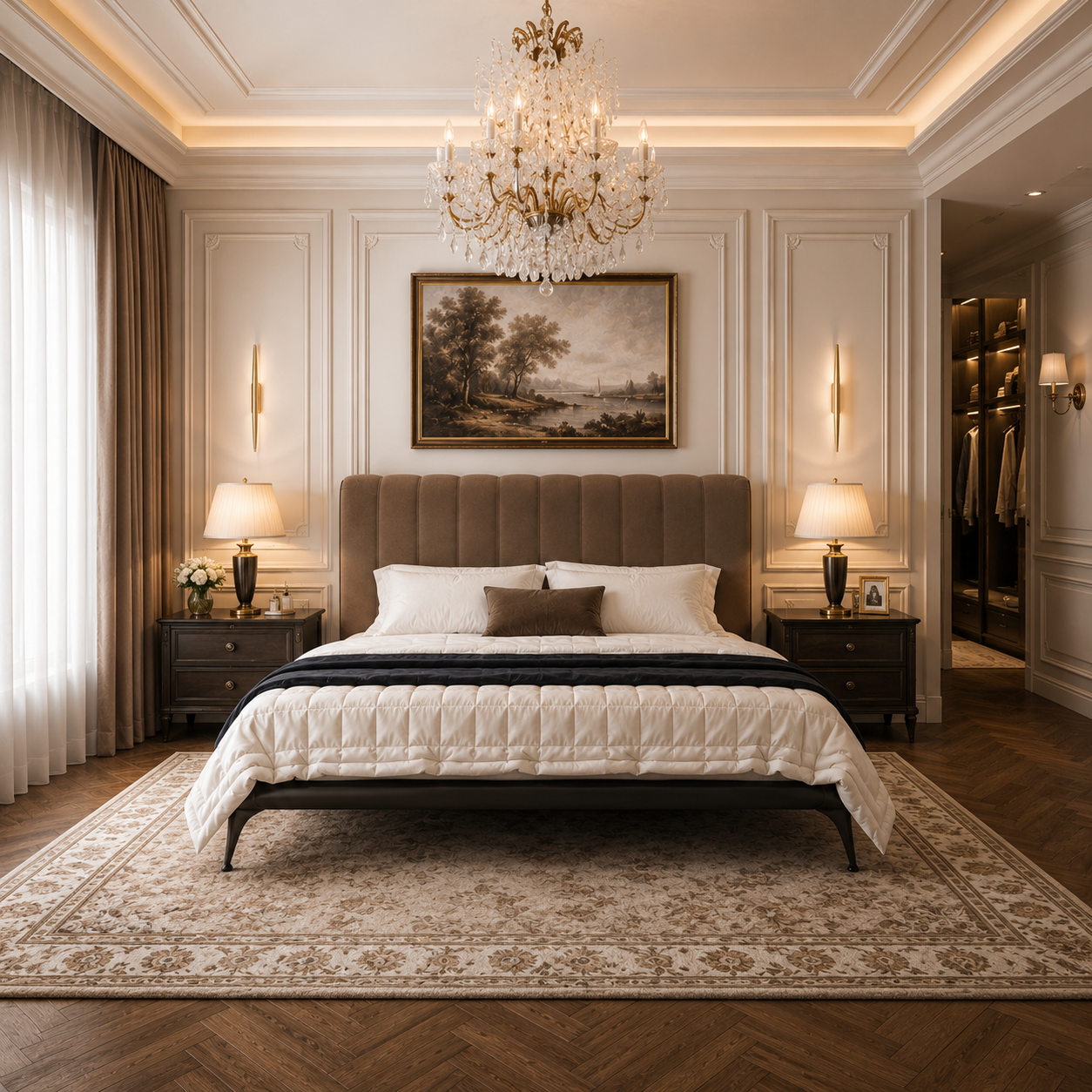 Taupe Channel Headboard Bed with Black Metal Frame 3D Model 4