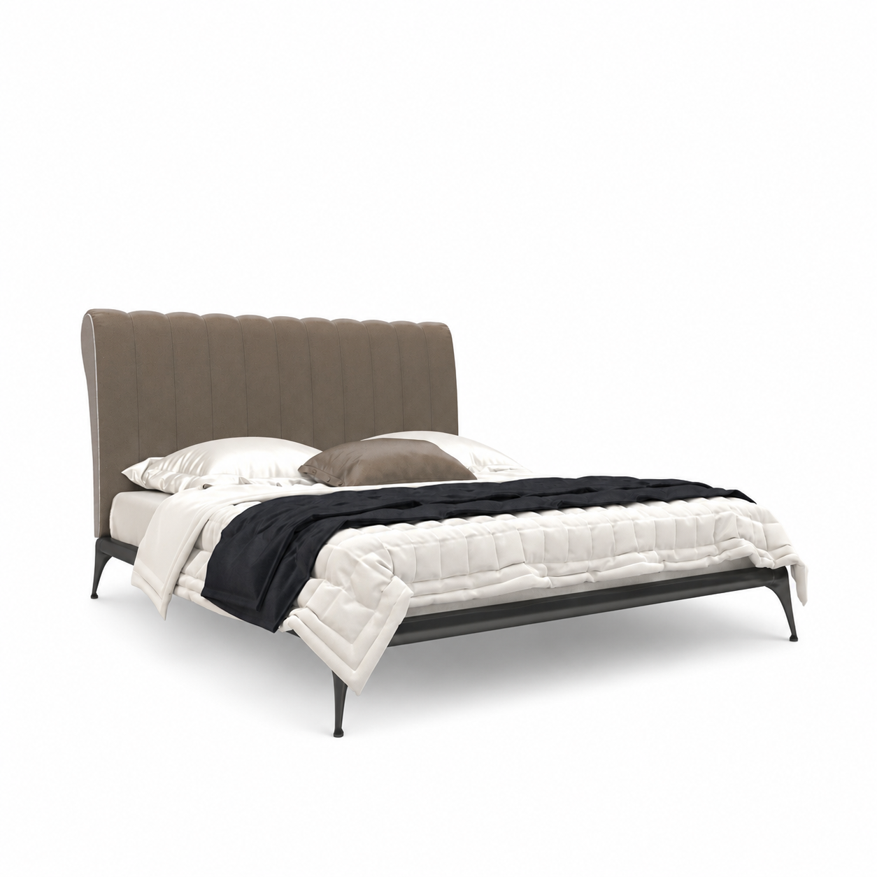 Taupe Channel Headboard Bed with Black Metal Frame 3D Model 1