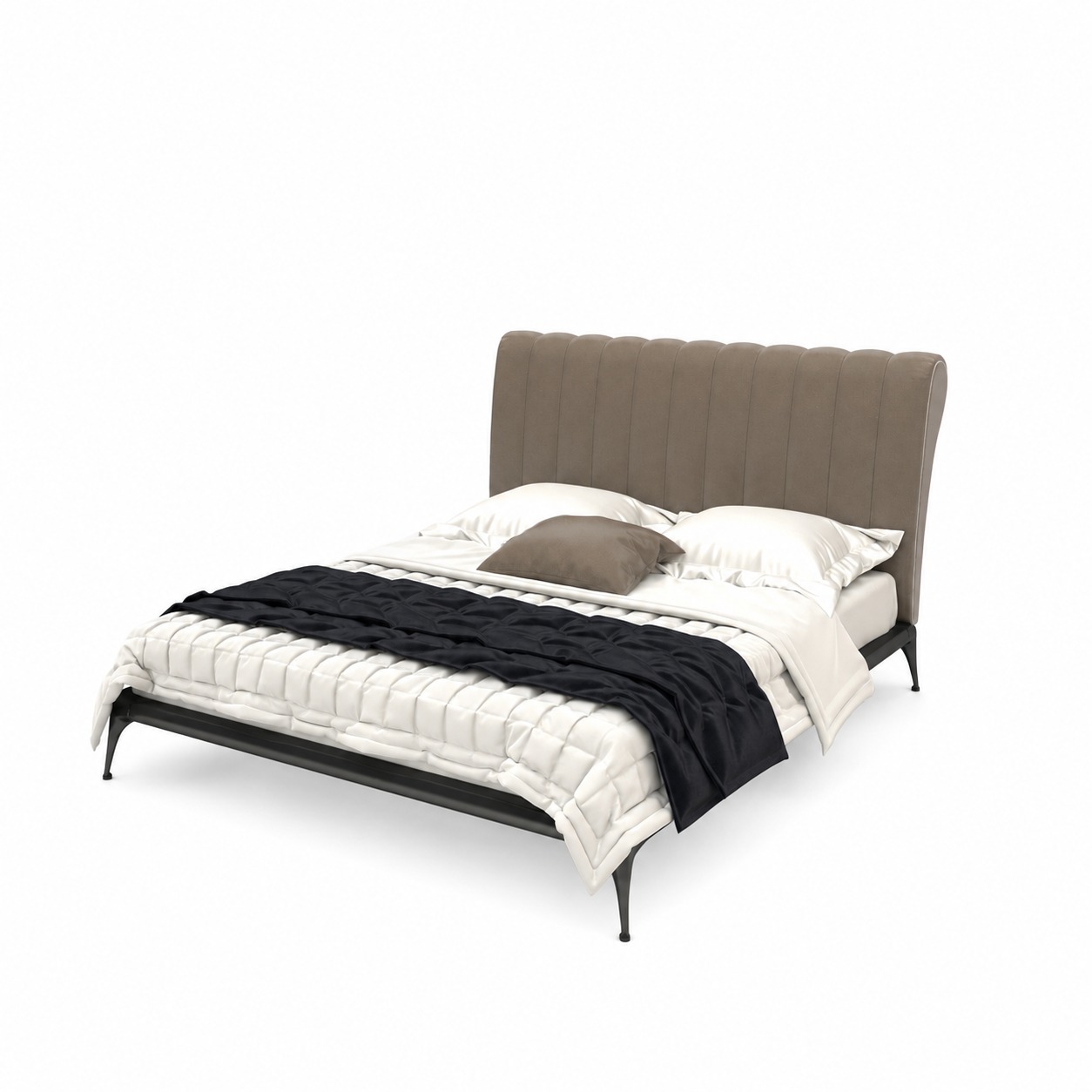 Taupe Channel Headboard Bed with Black Metal Frame 3D Model 3