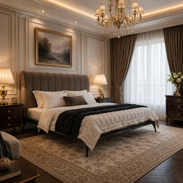 Taupe Channel Headboard Bed with Black Metal Frame 3D Model back
