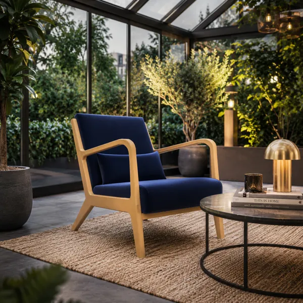 Navy Blue Armchair with Beige Open Metal Frame 3D Model back