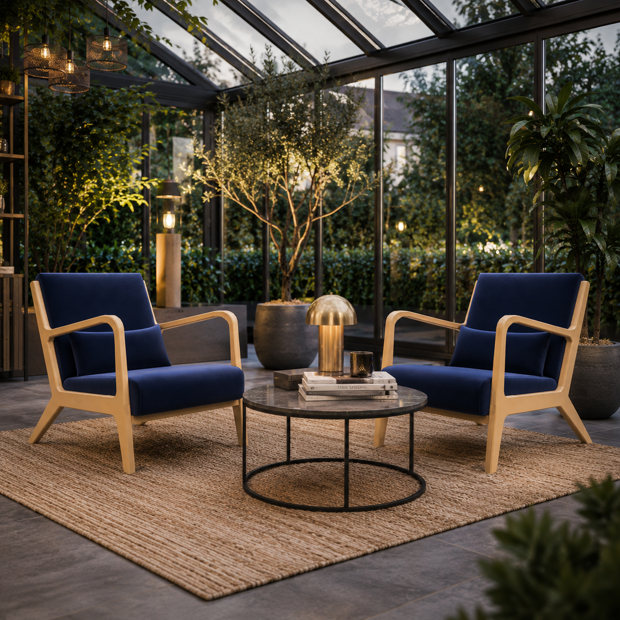 Navy Blue Armchair with Beige Open Metal Frame 3D Model 4
