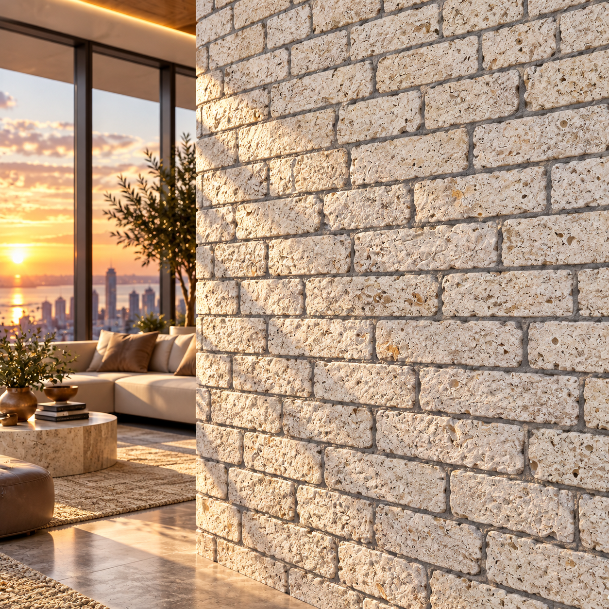 Warm Ivory Porous Rectangular Stone Brick Wall Texture 2