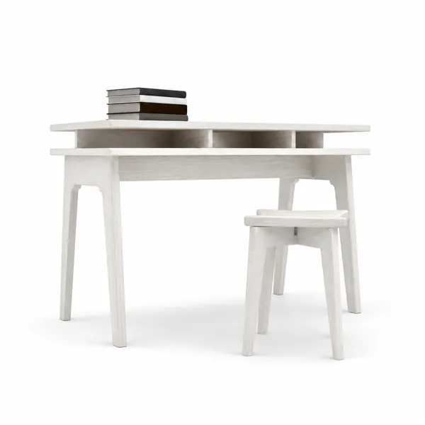 Whitewashed Wood Kids Desk with Matching Stool 3D Model