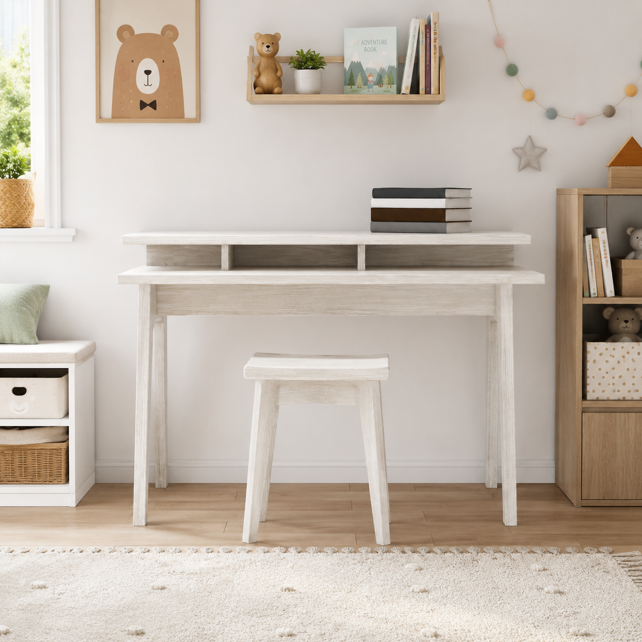 Whitewashed Wood Kids Desk with Matching Stool 3D Model 4