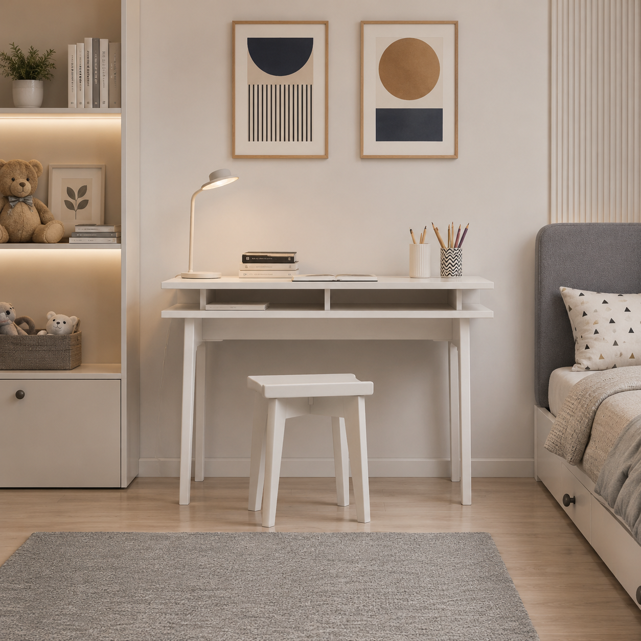 Whitewashed Wood Kids Desk with Matching Stool 3D Model 2