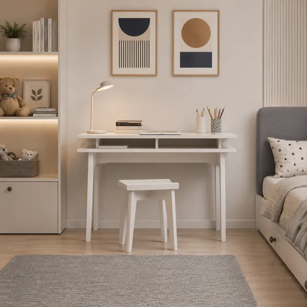 Whitewashed Wood Kids Desk with Matching Stool 3D Model back