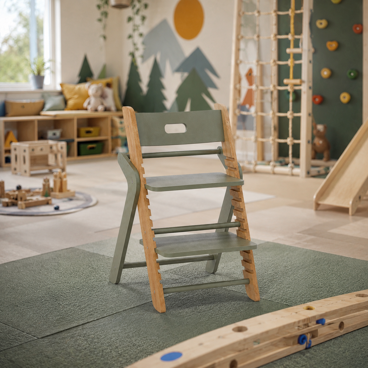 Adjustable Kids Chair – Sage Green & Natural Wood Frame 3D Model 3