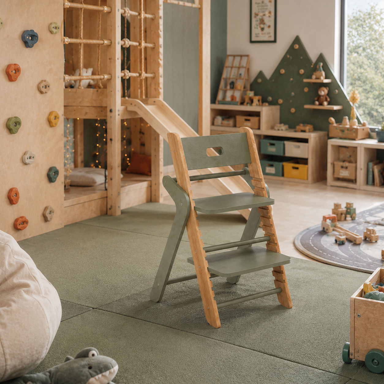 Adjustable Kids Chair – Sage Green & Natural Wood Frame 3D Model 2