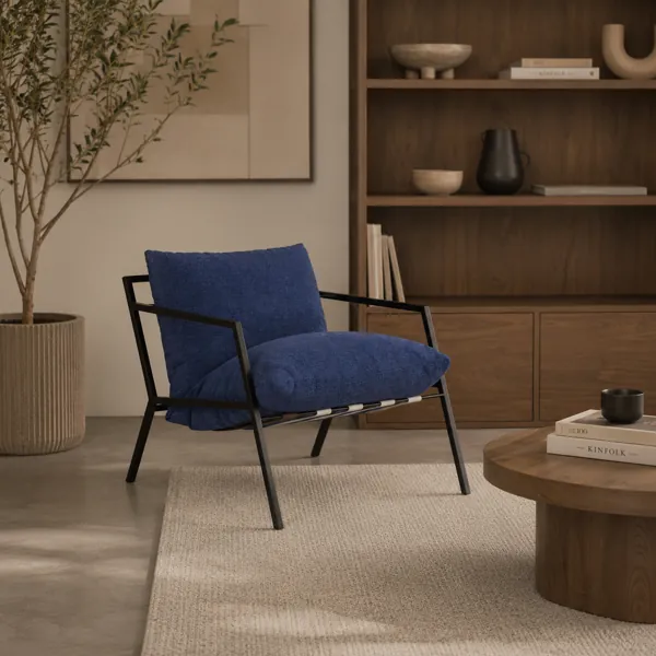 Deep Blue Textured Armchair – Black Open Metal Frame 3D Model back