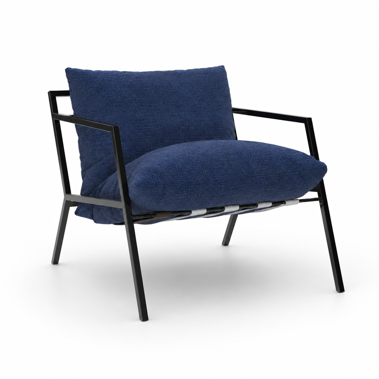 Deep Blue Textured Armchair – Black Open Metal Frame 3D Model 1