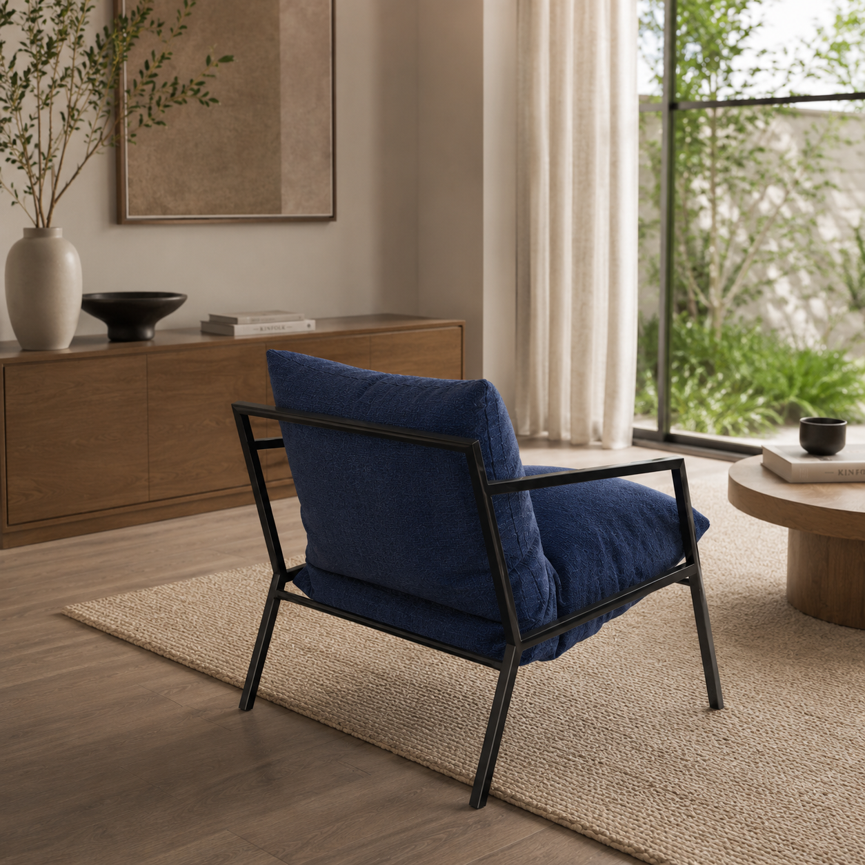 Deep Blue Textured Armchair – Black Open Metal Frame 3D Model 3
