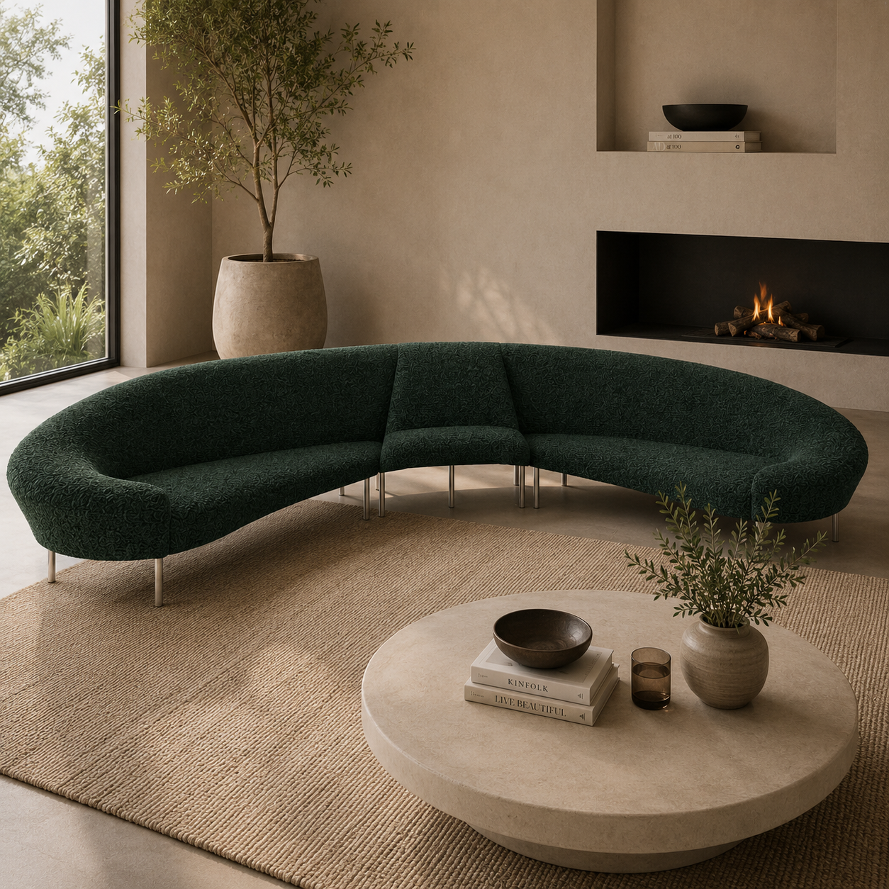 Dark Green Curved Sectional Sofa with Silver Metal Legs 3D Model 2