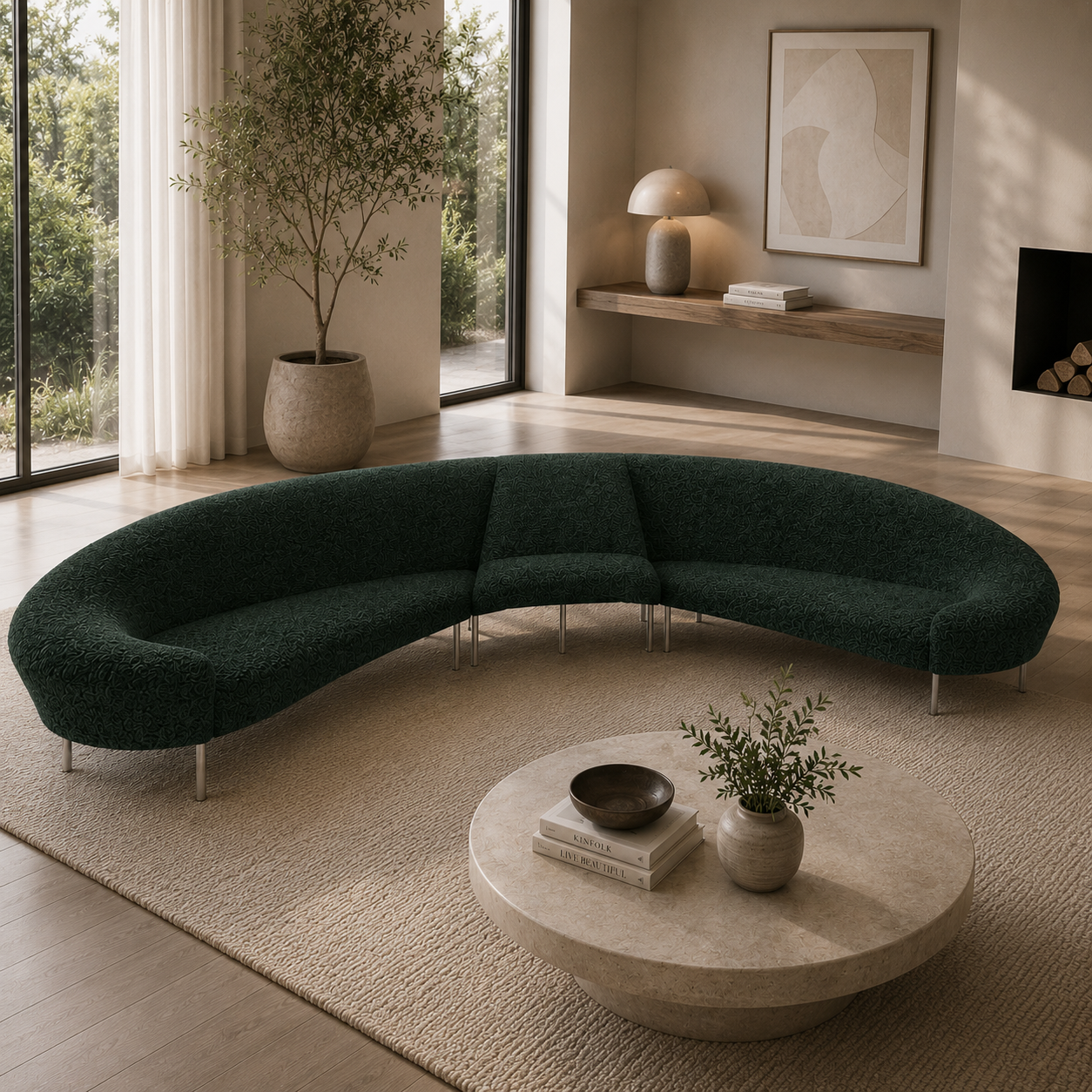 Dark Green Curved Sectional Sofa with Silver Metal Legs 3D Model 4