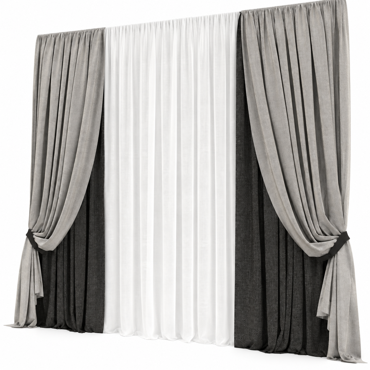 Gray Black Layered Curtain Set 3D Model 3