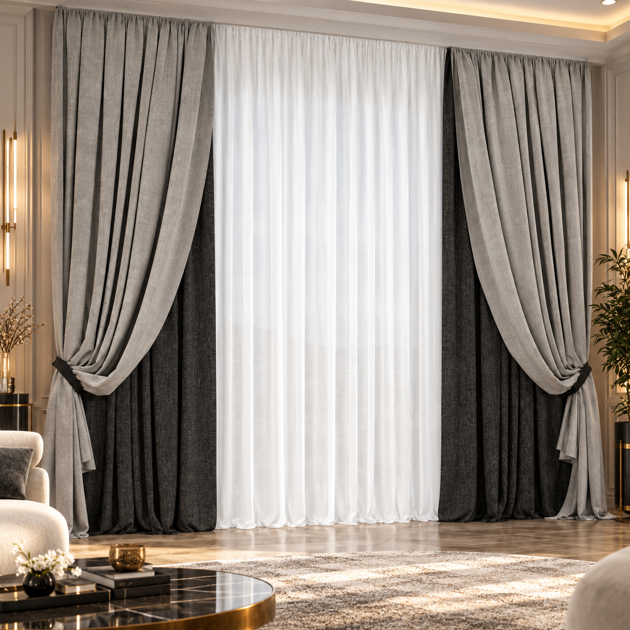 Gray Black Layered Curtain Set 3D Model 2