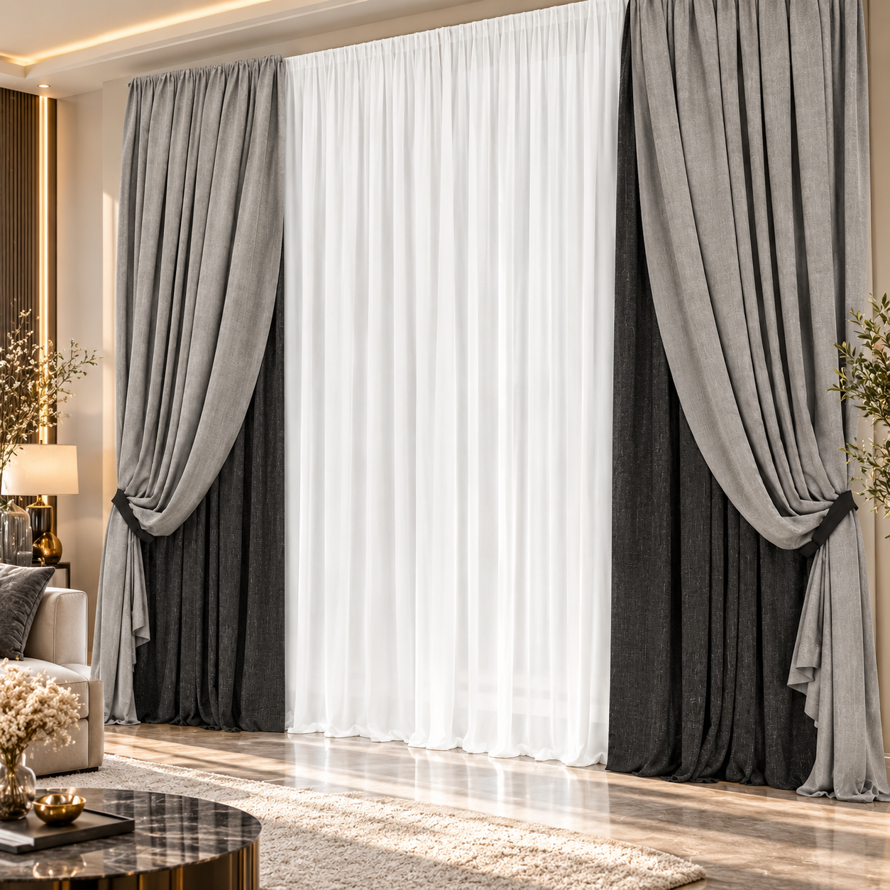 Gray Black Layered Curtain Set 3D Model 4