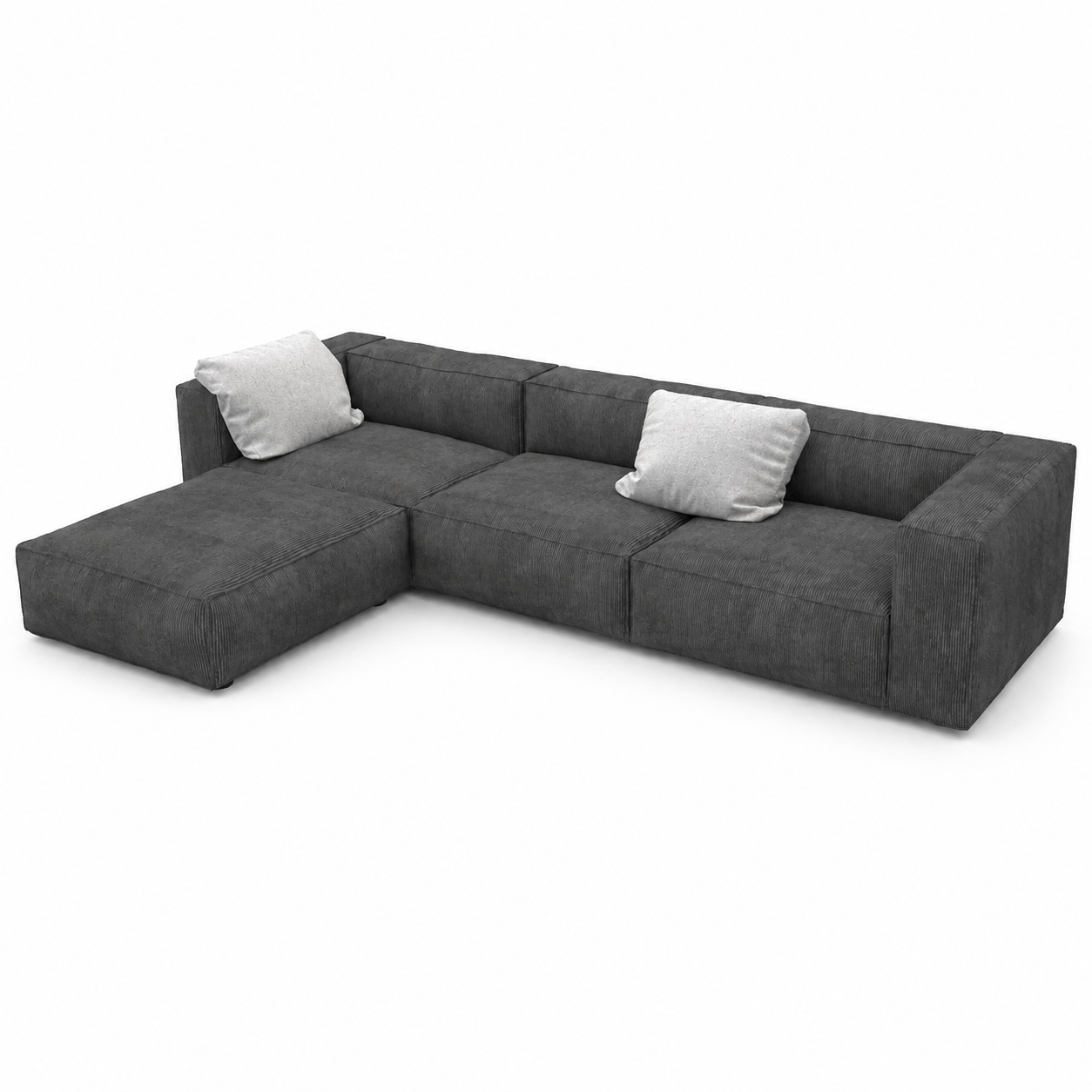 Charcoal Gray Ribbed Sectional Sofa – Left Chaise 3D Model 3