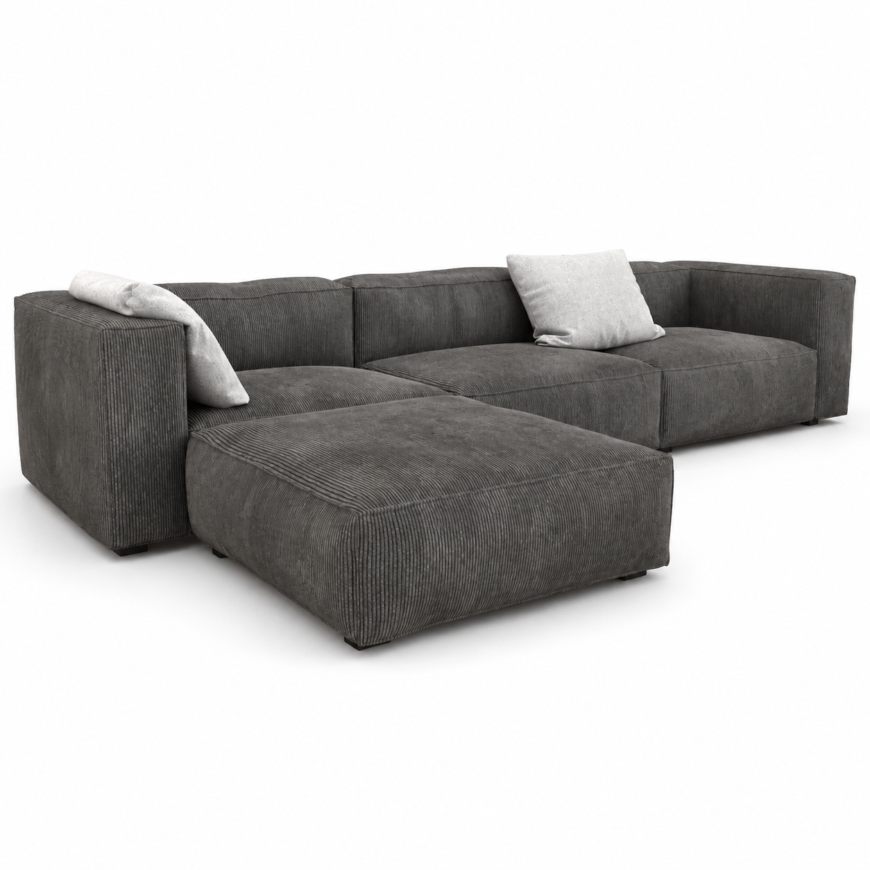 Charcoal Gray Ribbed Sectional Sofa – Left Chaise 3D Model 1
