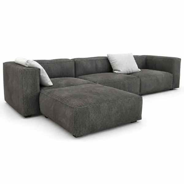 Charcoal Gray Ribbed Sectional Sofa – Left Chaise 3D Model