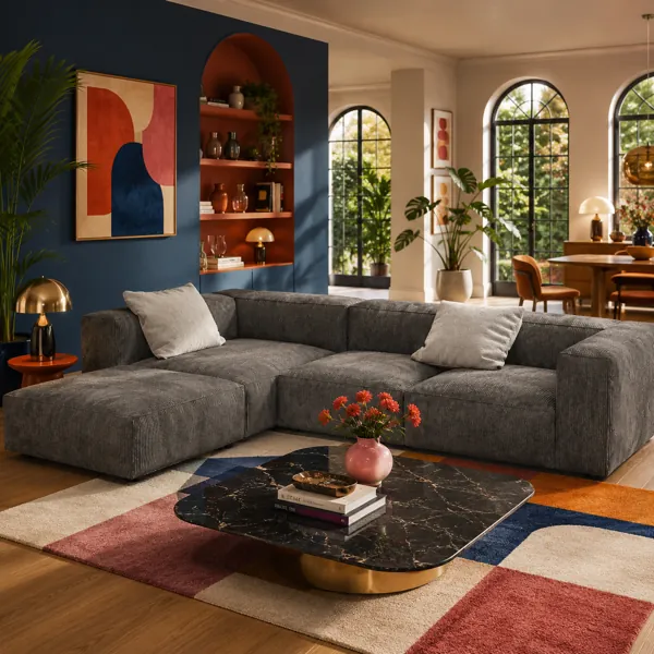 Charcoal Gray Ribbed Sectional Sofa – Left Chaise 3D Model back