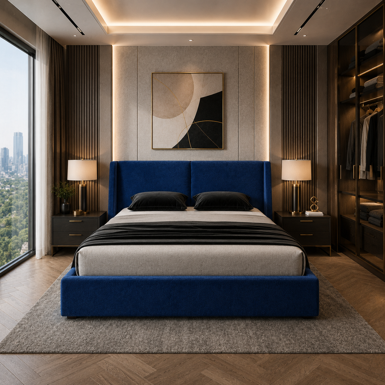 Deep Blue Split-Panel Upholstered Bed 3D Model 4