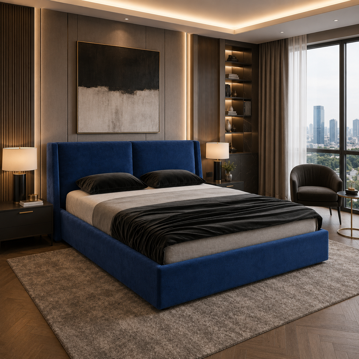 Deep Blue Split-Panel Upholstered Bed 3D Model 2