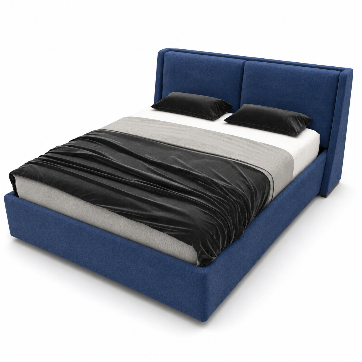 Deep Blue Split-Panel Upholstered Bed 3D Model 3