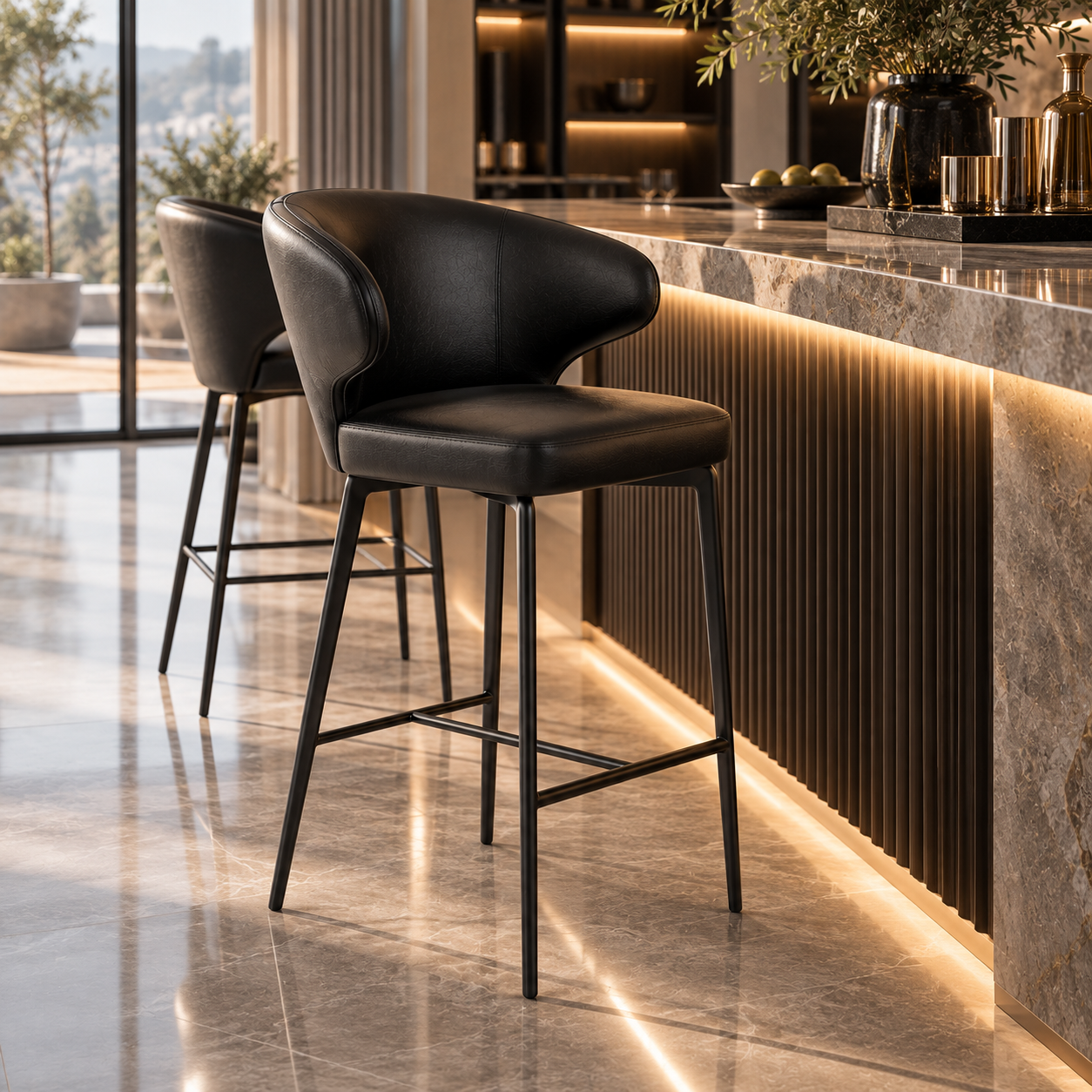 Black Leather Curved Back Bar Stool 3D Model 2