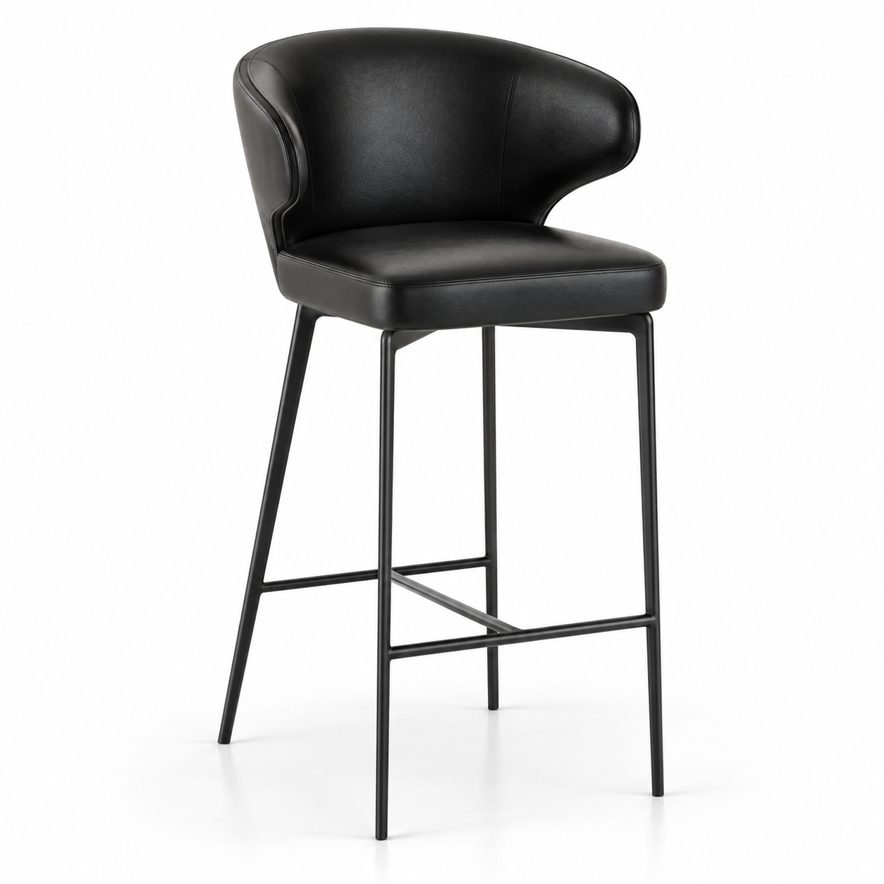 Black Leather Curved Back Bar Stool 3D Model
