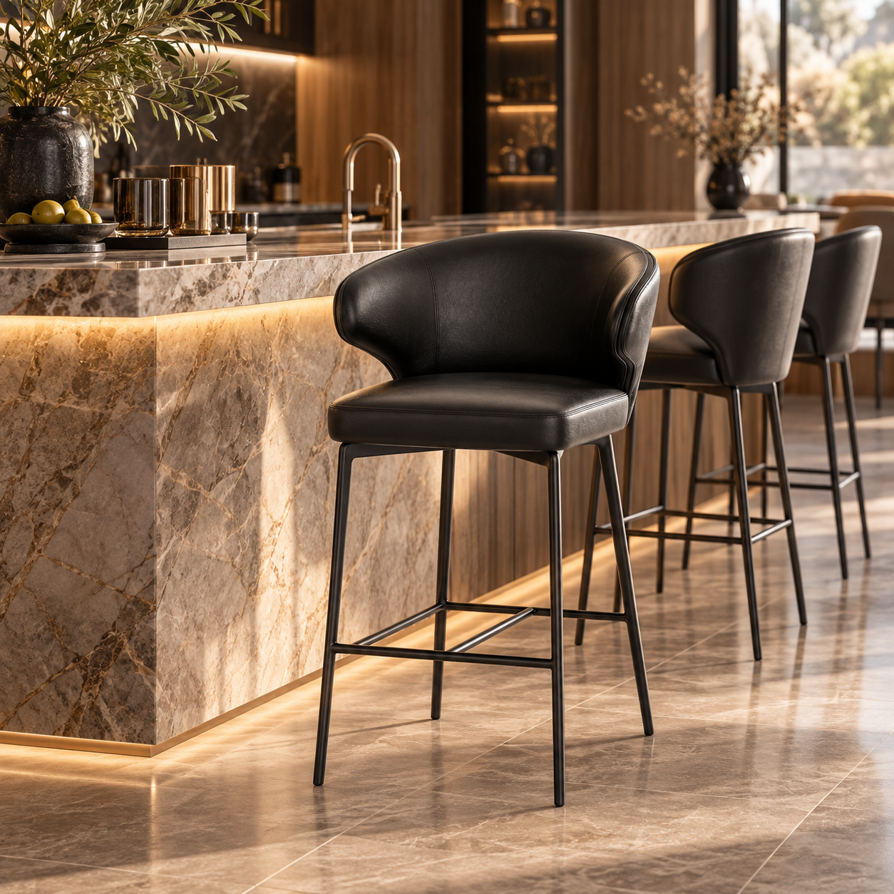 Black Leather Curved Back Bar Stool 3D Model 4
