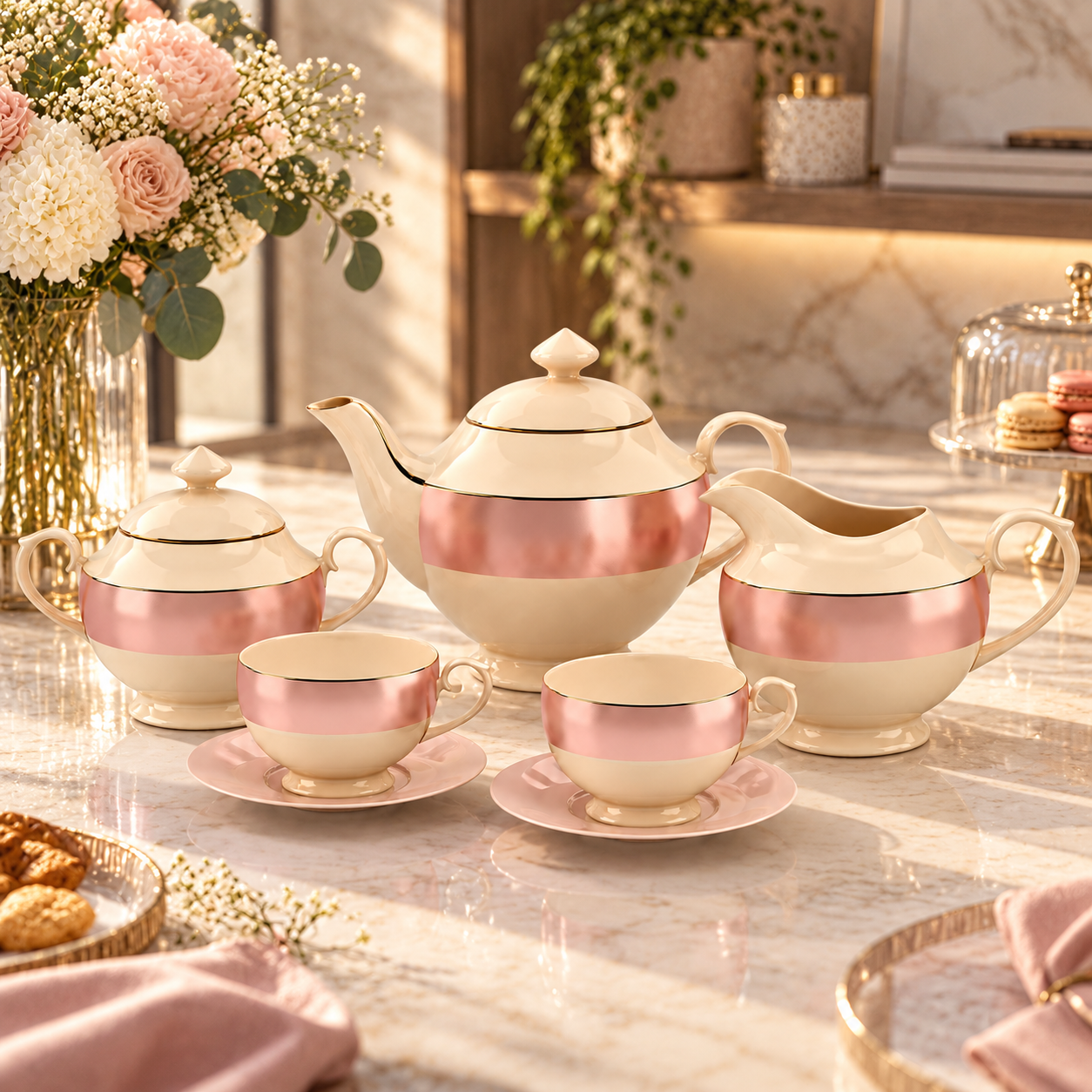 Cream Copper Band Porcelain Tea Set 3D Model 2