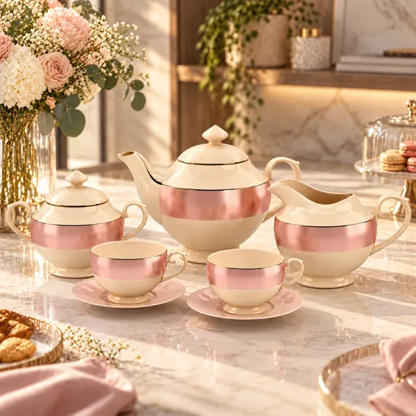 Cream Copper Band Porcelain Tea Set 3D Model back
