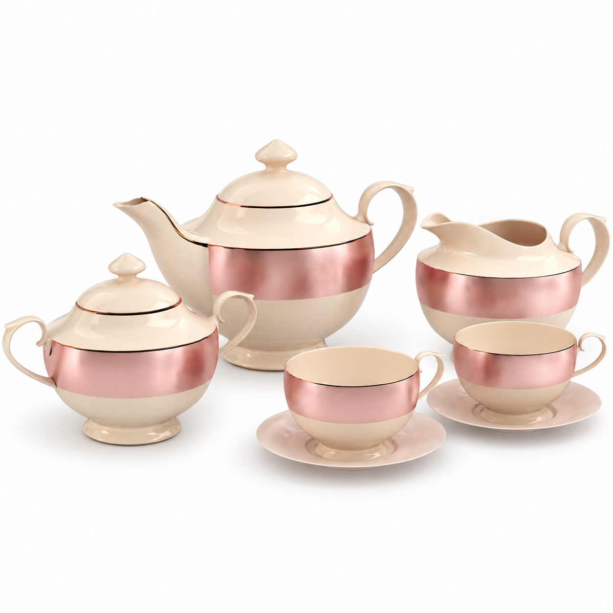 Cream Copper Band Porcelain Tea Set 3D Model 3