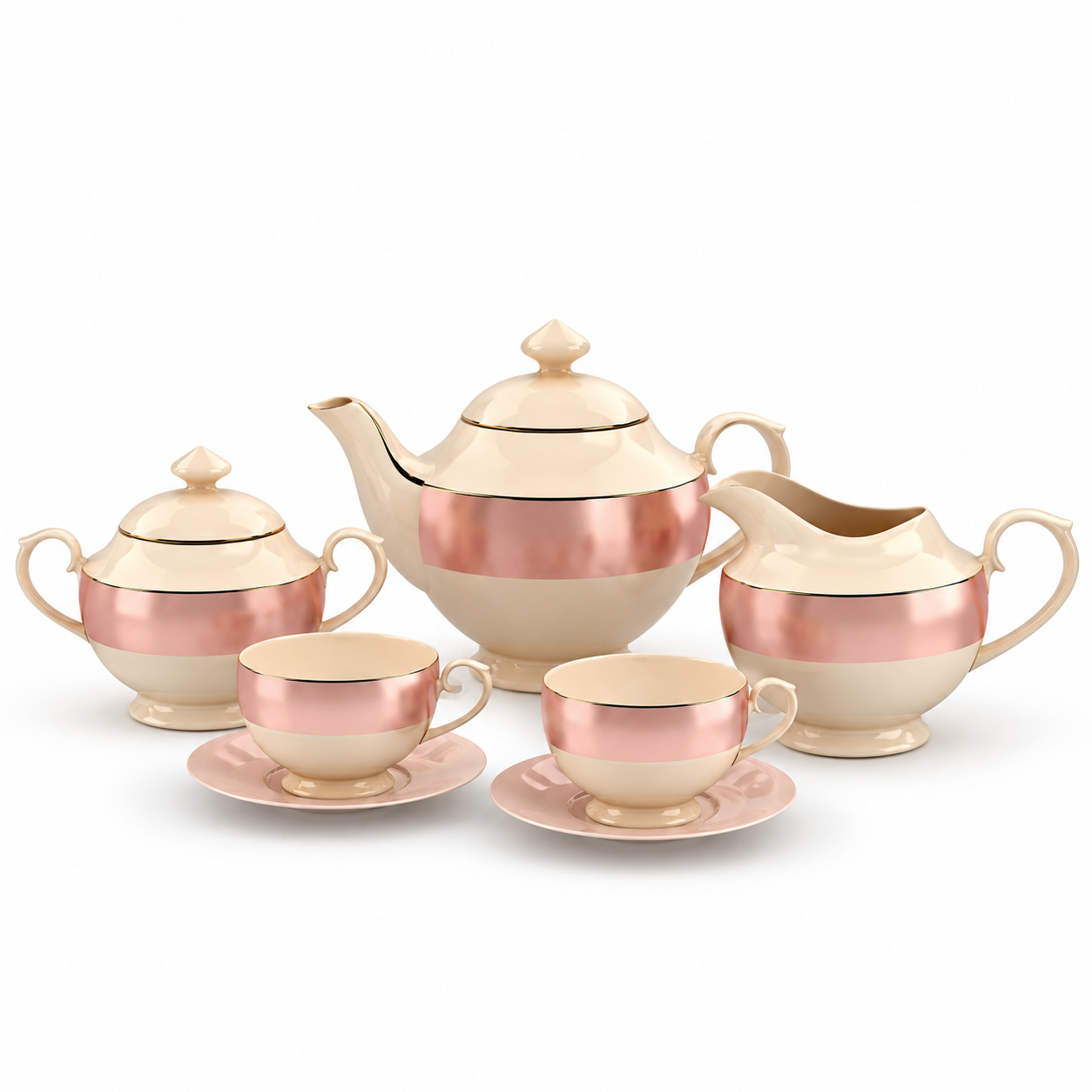 Cream Copper Band Porcelain Tea Set 3D Model 1