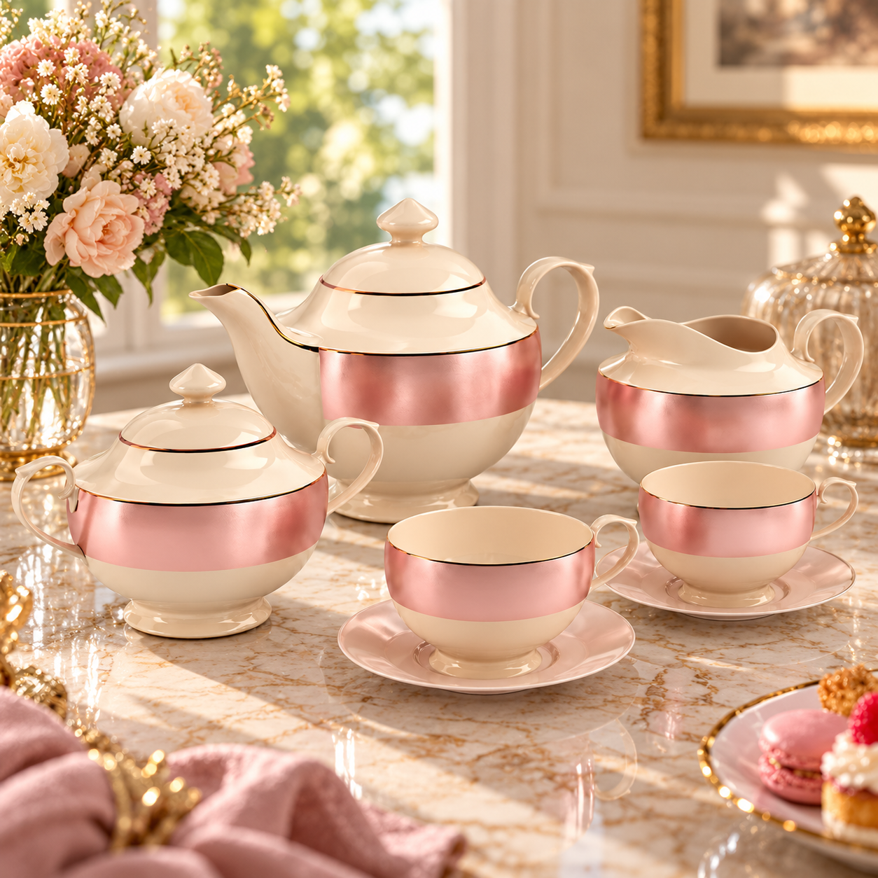 Cream Copper Band Porcelain Tea Set 3D Model 4